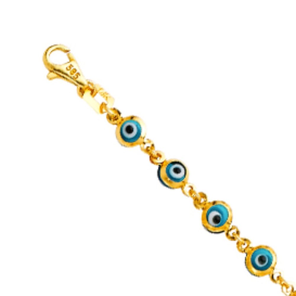 14K Solid Yellow Gold Evil Eye Blue Bracelet 7" in - Picture 2 of 14